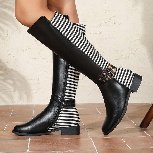 Black And White Business Casual Women's Knee-High Boots - Picture 4 of 7